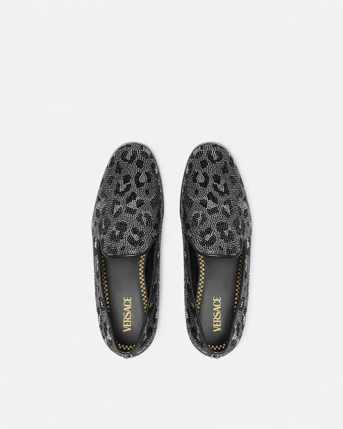 Versace Crystal Leopard Medusa Slippers Blacksilver Men Loafers and Slippers