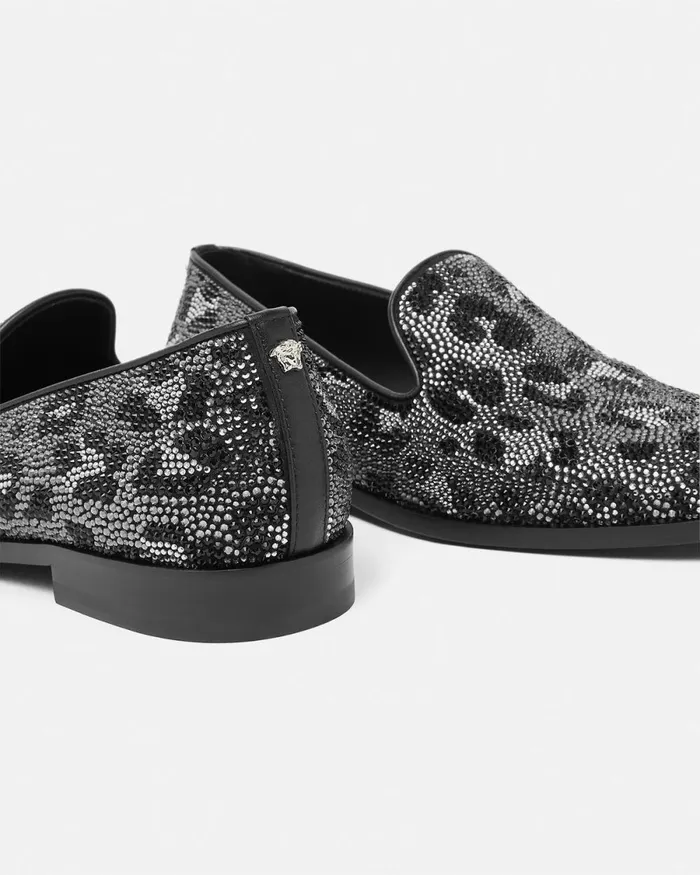 Versace Crystal Leopard Medusa Slippers Blacksilver Men Loafers and Slippers