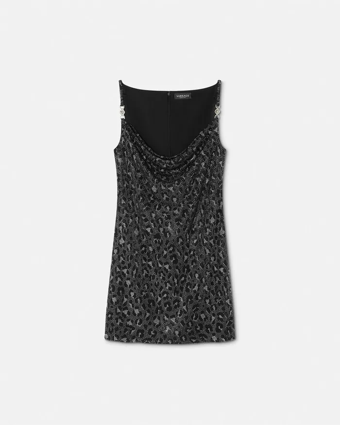 Versace Crystal Leopard Slip Mini Dress Black Women Dresses