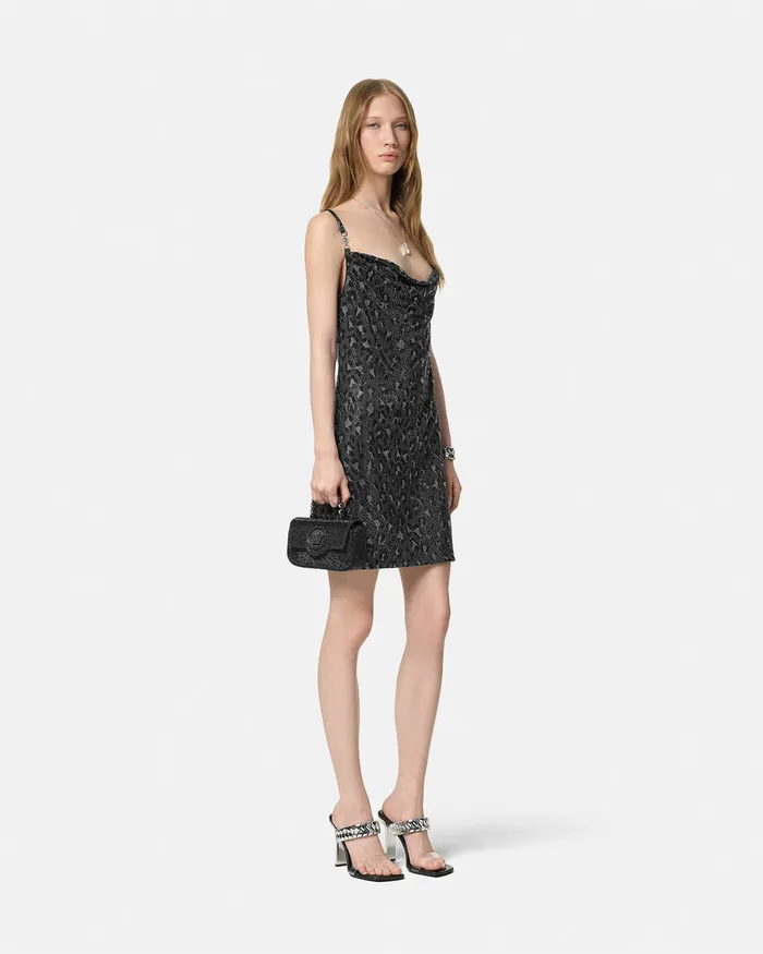 Versace Crystal Leopard Slip Mini Dress Black Women Dresses