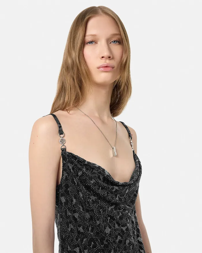 Versace Crystal Leopard Slip Mini Dress Black Women Dresses