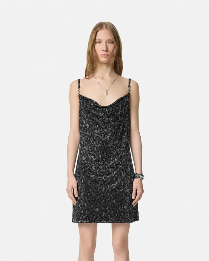 Versace Crystal Leopard Slip Mini Dress Black Women Dresses