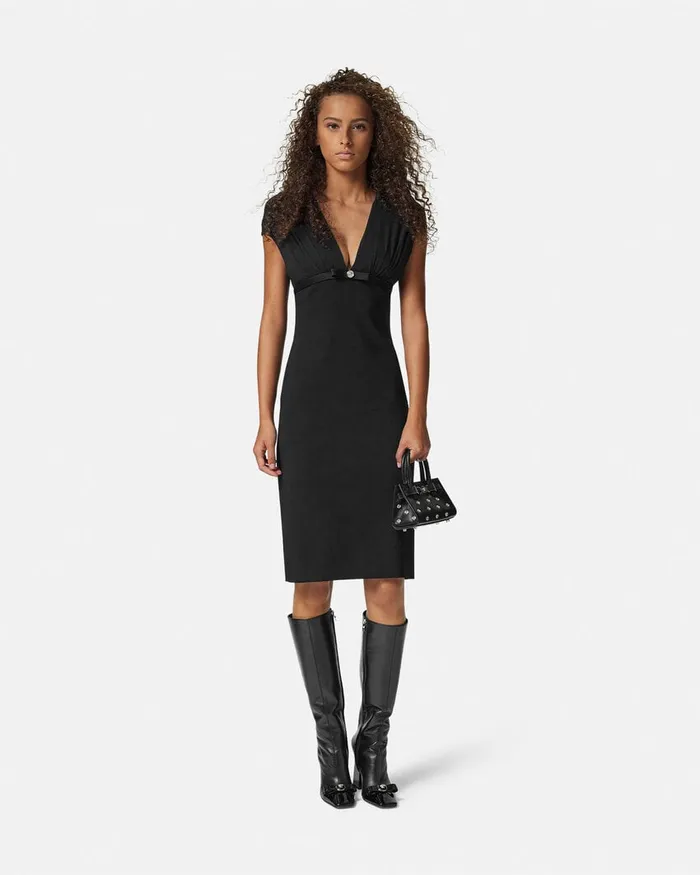 Versace DeepNeck Cady Fitted Midi Dress Black Women Dresses