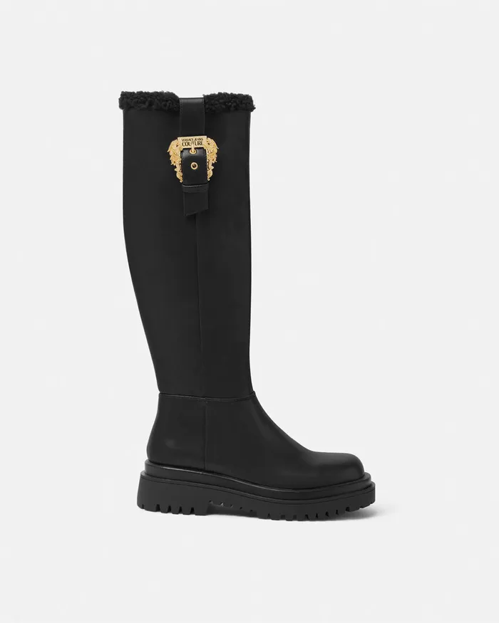 Versace Drew Baroque Buckle KneeHigh Boots Blackprint Women Jeans Couture