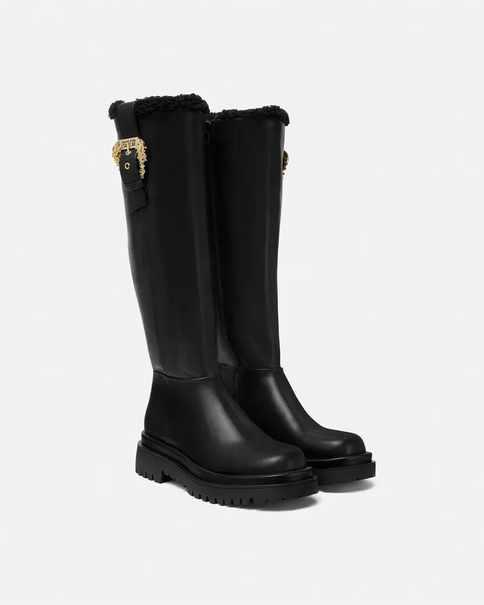 Versace Drew Baroque Buckle KneeHigh Boots Blackprint Women Jeans Couture