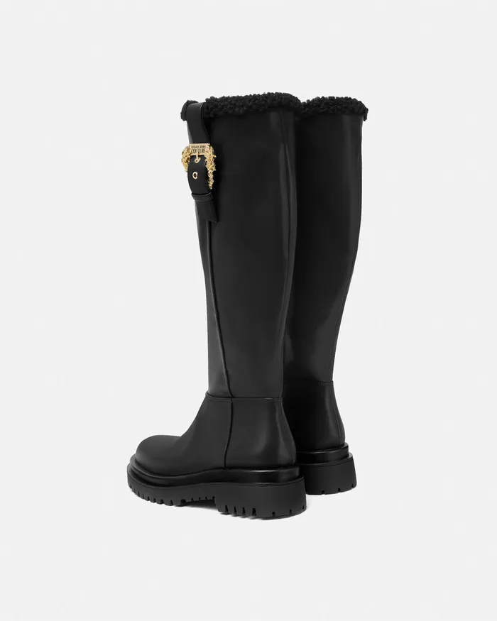 Versace Drew Baroque Buckle KneeHigh Boots Blackprint Women Jeans Couture