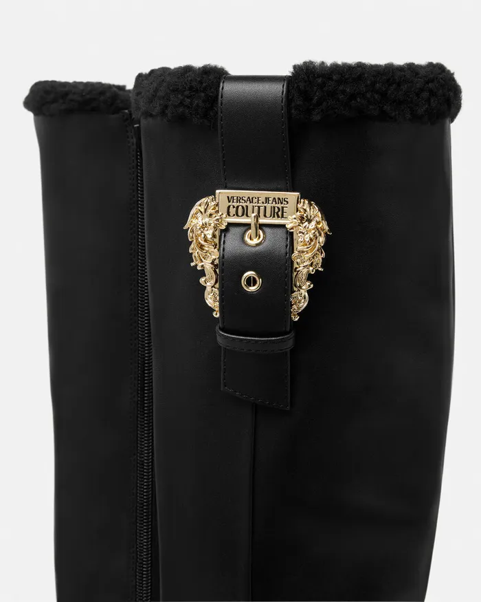 Versace Drew Baroque Buckle KneeHigh Boots Blackprint Women Jeans Couture