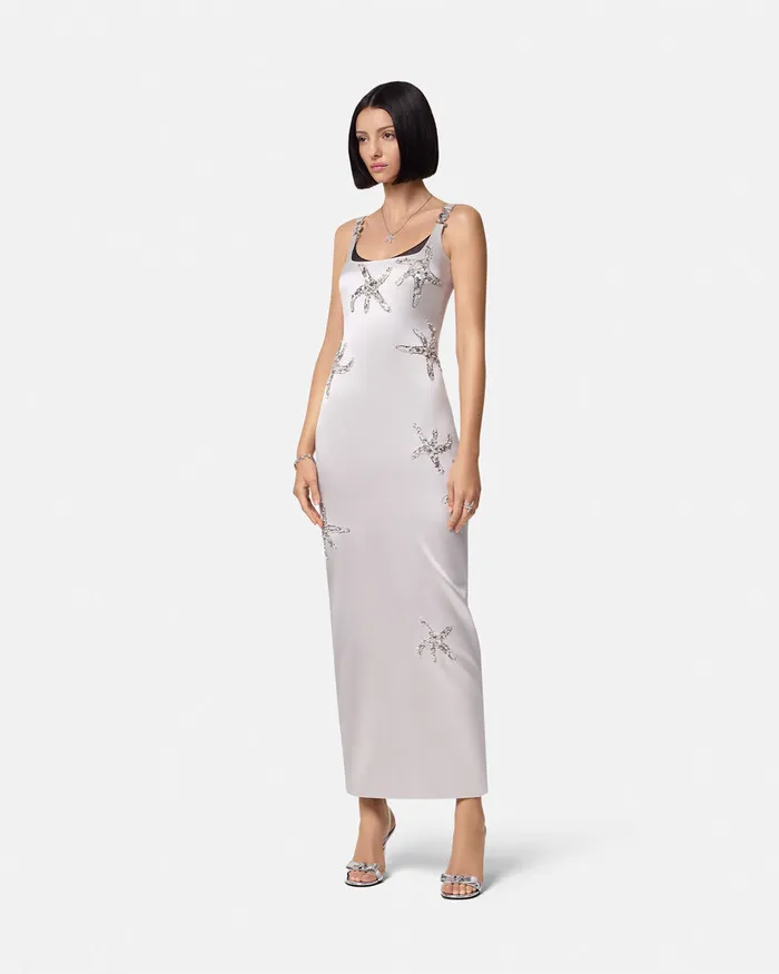 Versace Embroidered Satin Silk Column Gown Gray Women Dresses