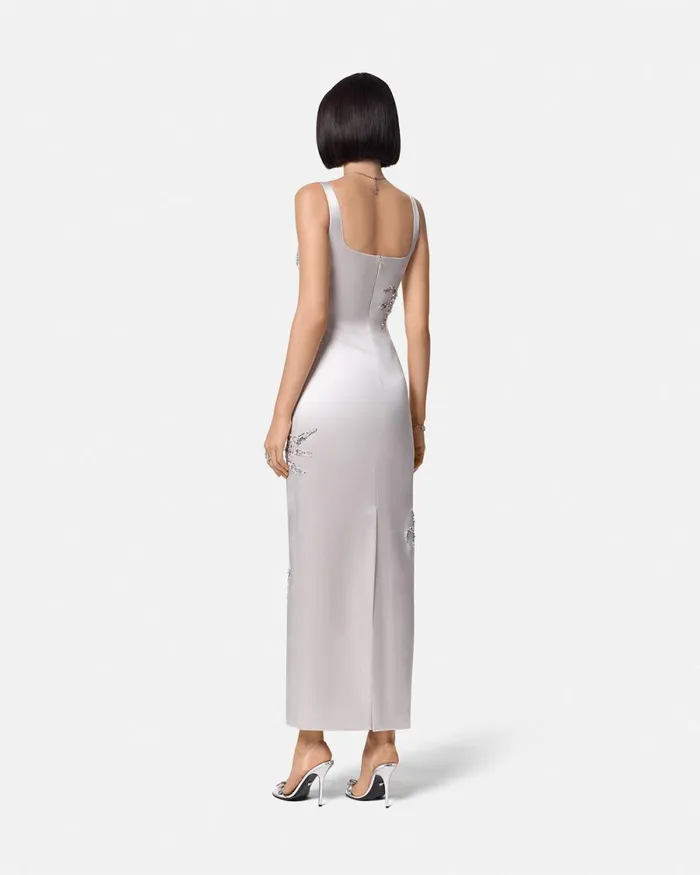 Versace Embroidered Satin Silk Column Gown Gray Women Dresses