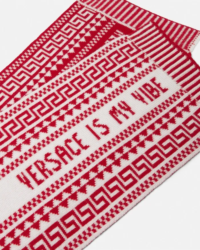 Versace Fair Isle Jacquard Knit Scarf White Kids Bags and Accessories