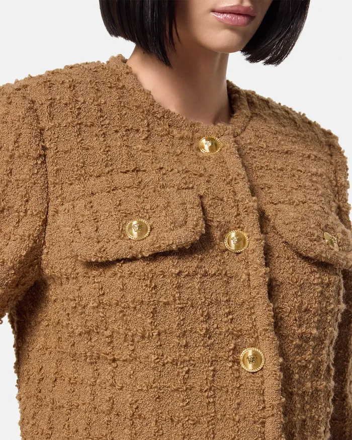 Versace Heritage Tweed Cardigan Jacket Brown Women Blazer and Jackets