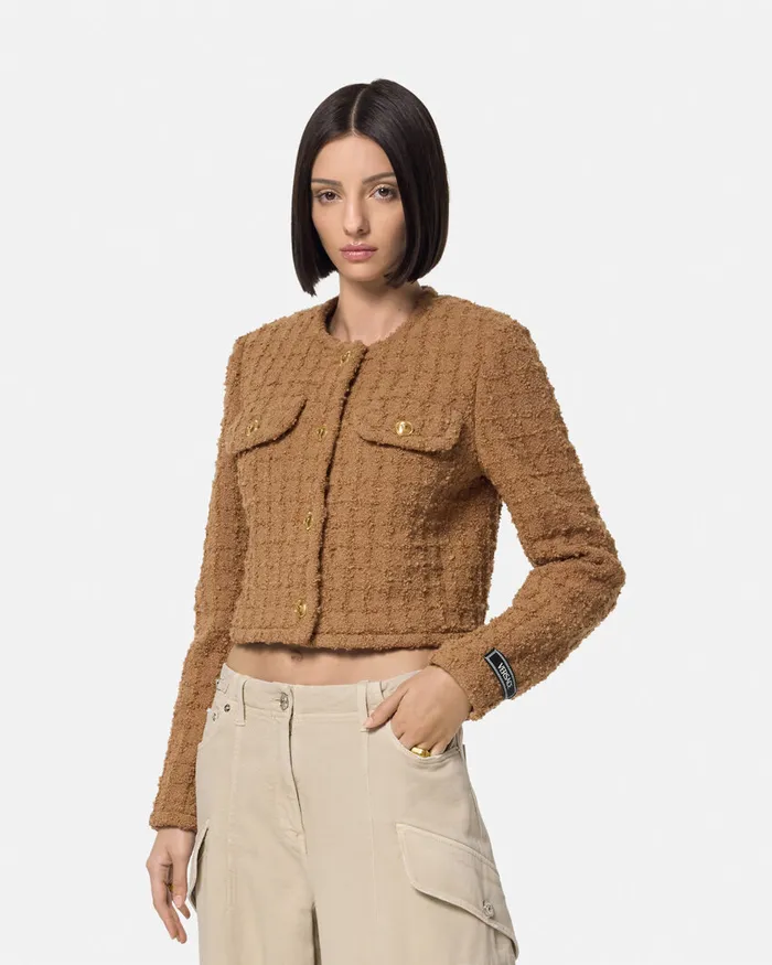 Versace Heritage Tweed Cardigan Jacket Brown Women Blazer and Jackets