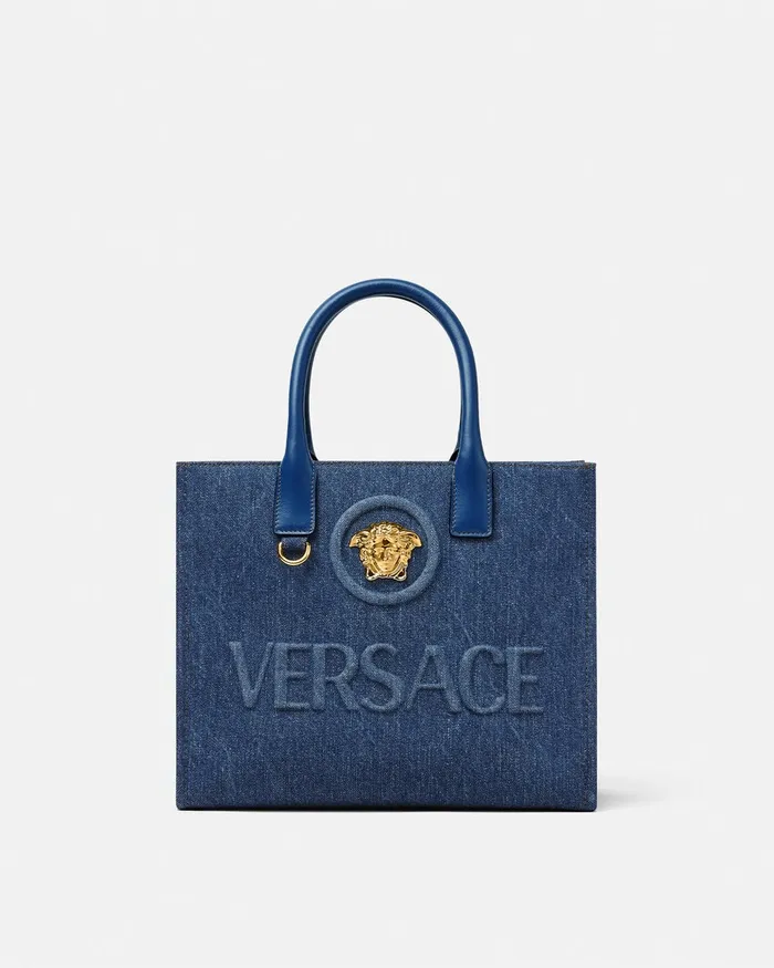 Versace La Medusa Denim Small Tote Bag Blue Women Totes