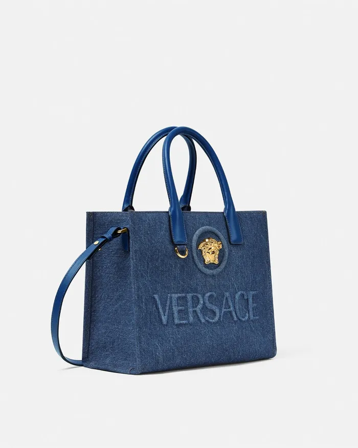 Versace La Medusa Denim Small Tote Bag Blue Women Totes