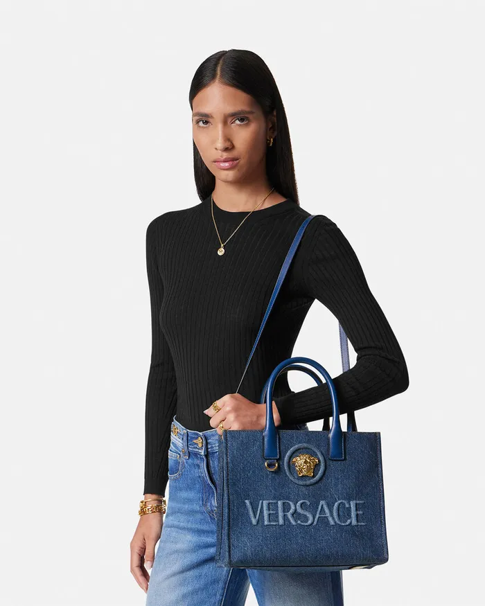Versace La Medusa Denim Small Tote Bag Blue Women Totes