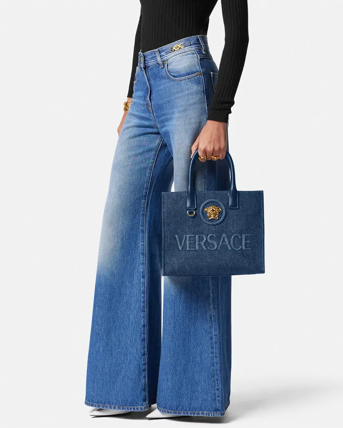Versace La Medusa Denim Small Tote Bag Blue Women Totes