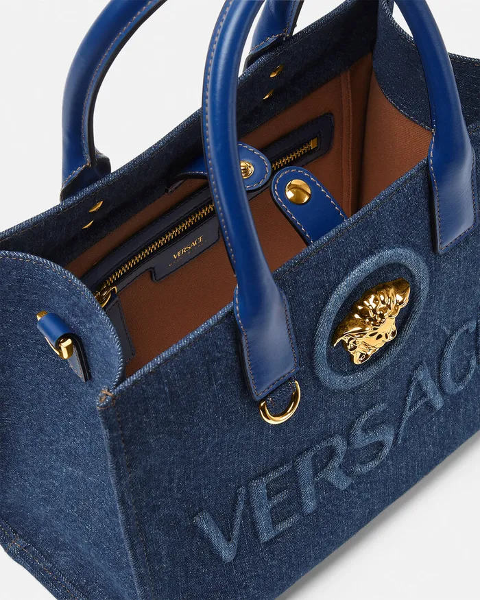 Versace La Medusa Denim Small Tote Bag Blue Women Totes