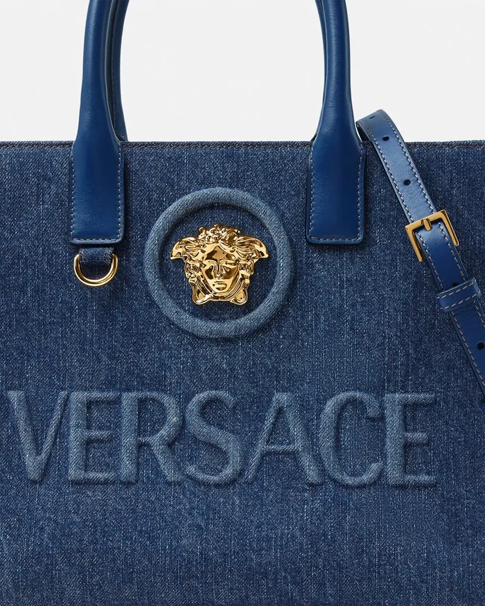 Versace La Medusa Denim Small Tote Bag Blue Women Totes