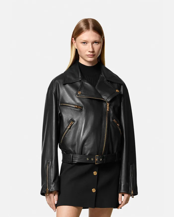 Versace Leather Biker Jacket Black Women Outerwear and Coats