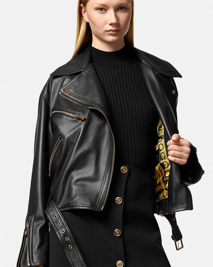Versace Leather Biker Jacket Black Women Outerwear and Coats