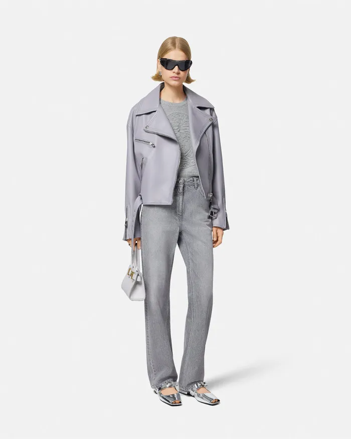 Versace Leather Biker Jacket Gray Women Outerwear and Coats