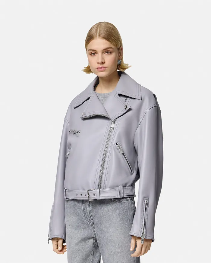 Versace Leather Biker Jacket Gray Women Outerwear and Coats