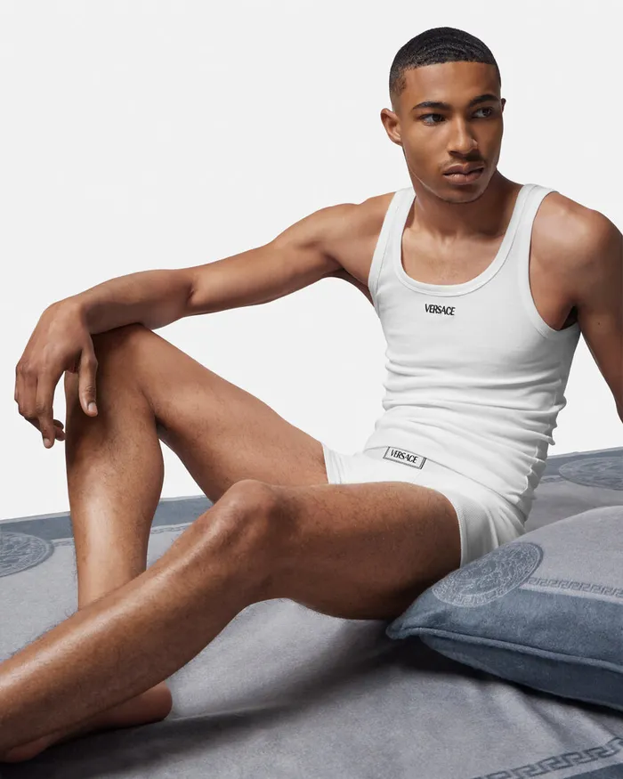 Versace Logo Ribbed Tank Top White Men Loungewear and Pajamas