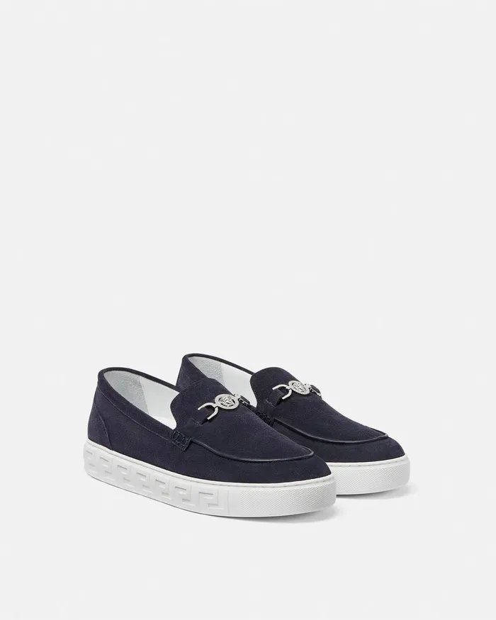 Versace Medusa 03995 Suede Greca Loafers Blue Men Loafers and Slippers