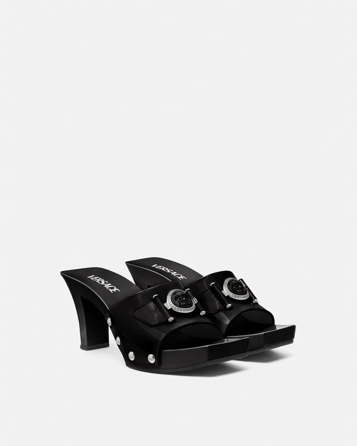 Versace Medusa Buckle Patent Clogs 60 Mm Blacksilver Women Sandals