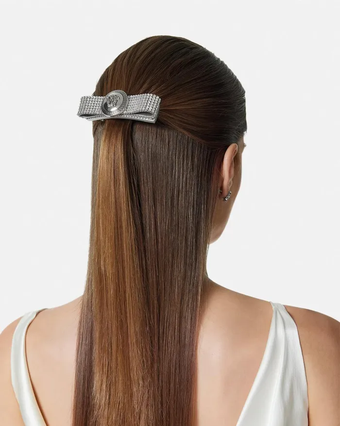 Versace Right Metal Mesh Gianni Ribbon Hair Clip Silver Women Hair Accessories