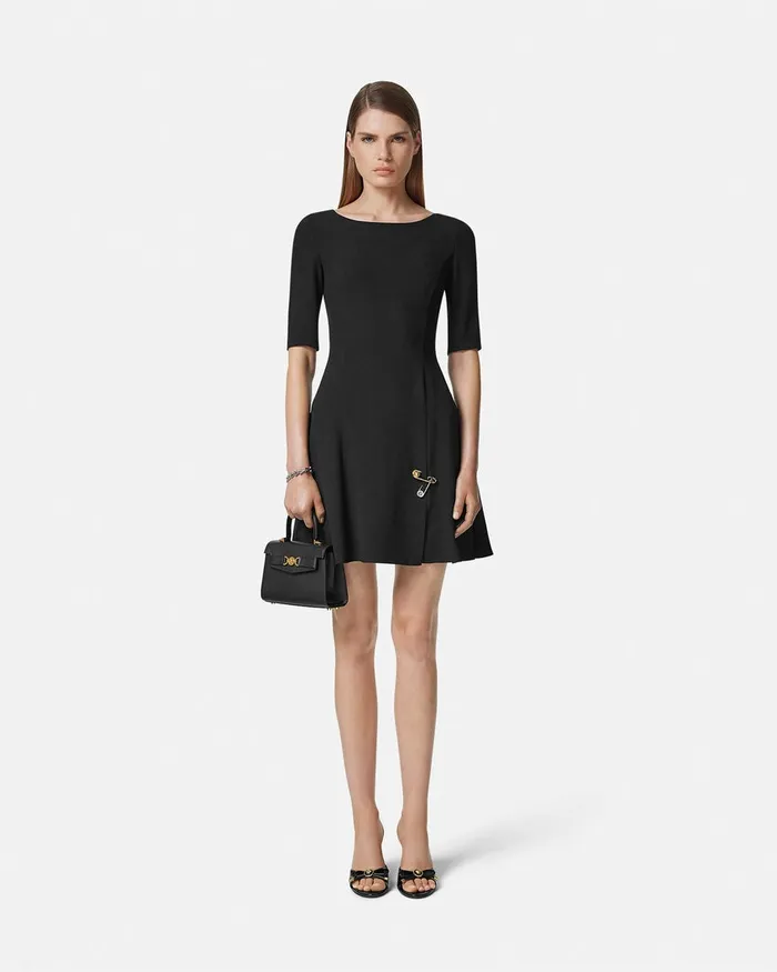 Versace Safety Pin Flared Matte Satin Mini Dress Black Women Dresses