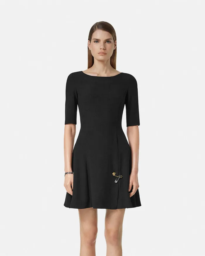 Versace Safety Pin Flared Matte Satin Mini Dress Black Women Dresses