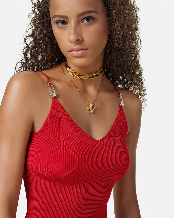 Versace Safety Pin Knit Crop Top Red Women Shirts and Tops