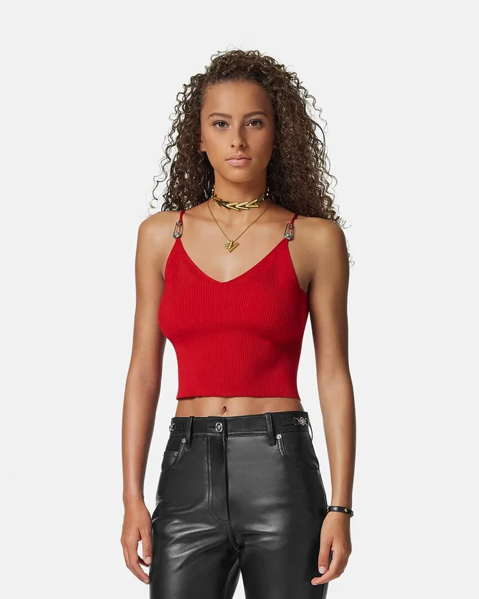 Versace Safety Pin Knit Crop Top Red Women Shirts and Tops