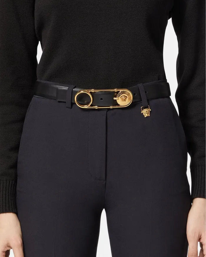 Versace Safety Pin Leather Belt 3 Cm Blackgold Women Belts