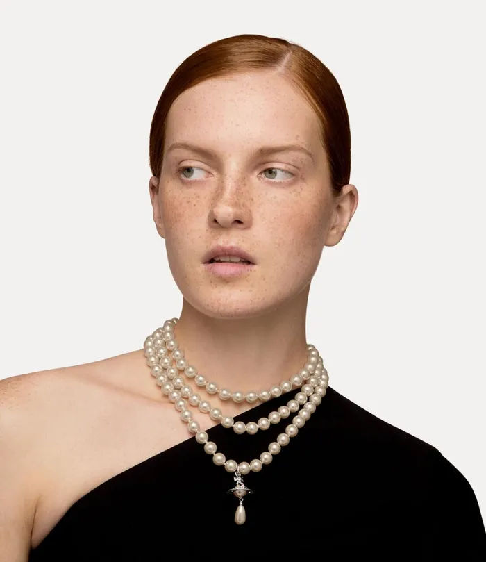 Vivienne Westwood Necklaces Women Three Row Pearl Drop Choker Platinumpearlmulti