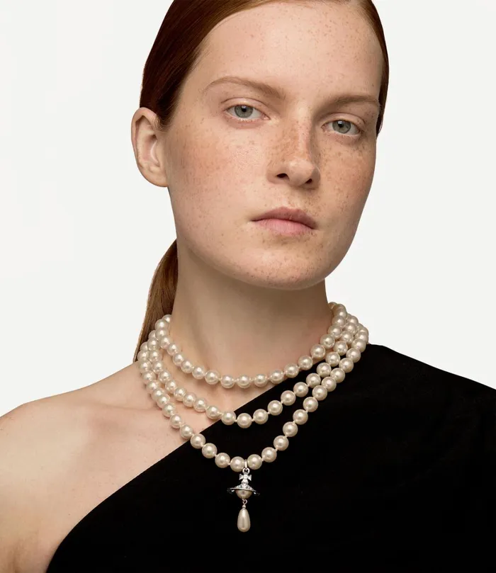 Vivienne Westwood Necklaces Women Three Row Pearl Drop Choker Platinumpearlmulti