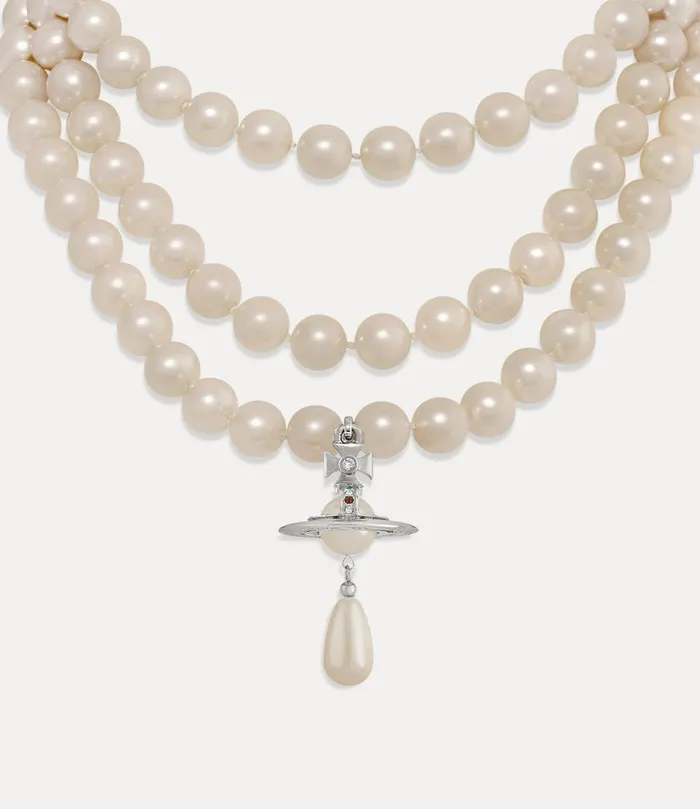 Vivienne Westwood Necklaces Women Three Row Pearl Drop Choker Platinumpearlmulti