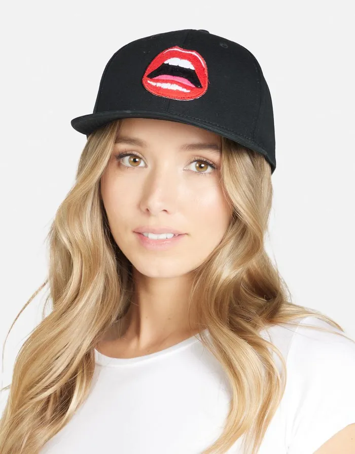 Women039s Bay Red Open Lip Patch Black Lauren Moshi Hats