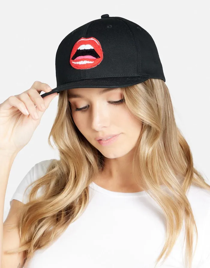 Women039s Bay Red Open Lip Patch Black Lauren Moshi Hats Women039s Bay Red Open Lip Patch Black Lauren Moshi Hats