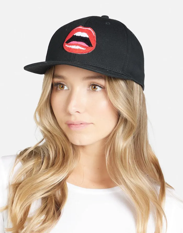 Women039s Bay Red Open Lip Patch Black Lauren Moshi Hats Women039s Bay Red Open Lip Patch Black Lauren Moshi Hats