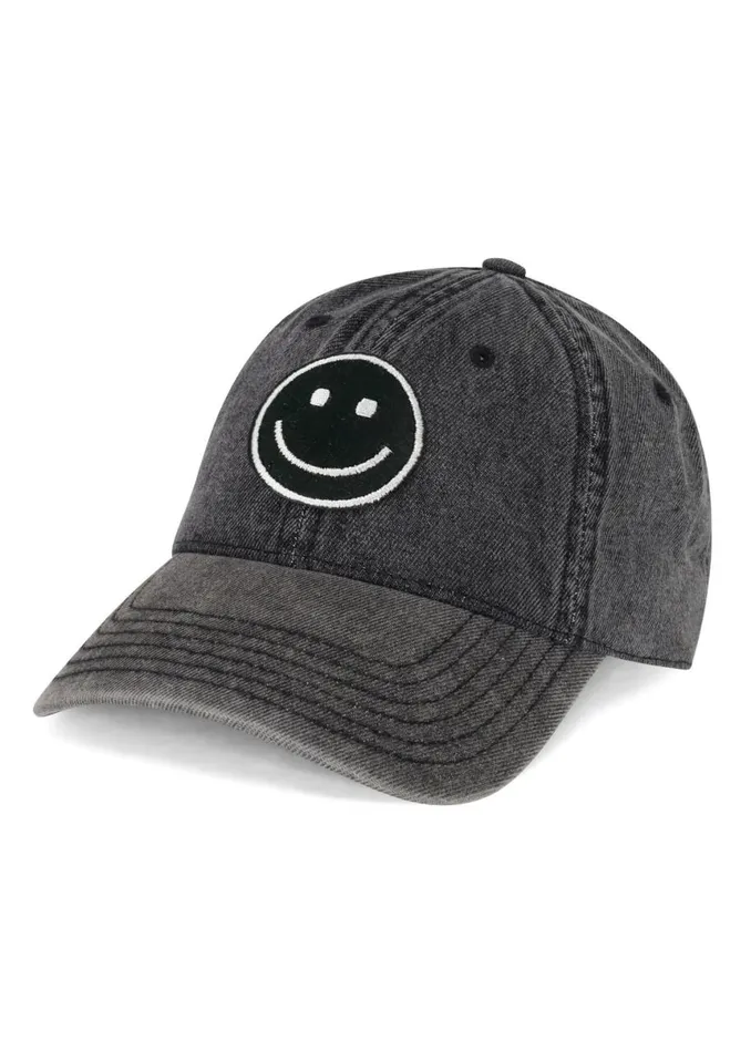 Women039s Reina Silver Smiley Patch Washed Black Lauren Moshi Hats Women039s Reina Silver Smiley Patch Washed Black Lauren Moshi Hats