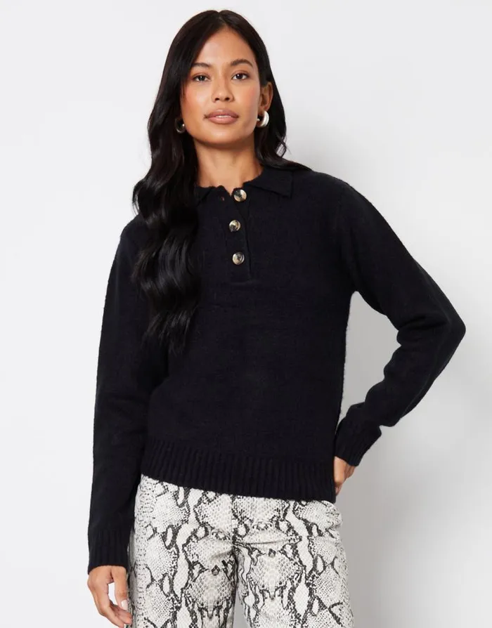 Women Black Knitted Long Sleeve Polo Jumper Threadbare Jumpers