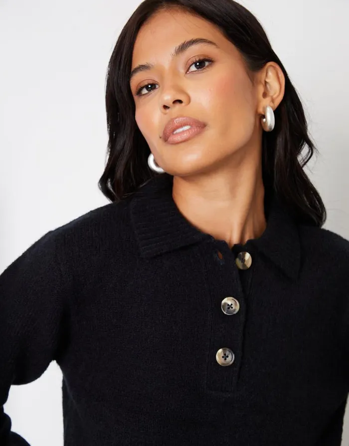 Women Black Knitted Long Sleeve Polo Jumper Threadbare Jumpers Women Black Knitted Long Sleeve Polo Jumper Threadbare Jumpers