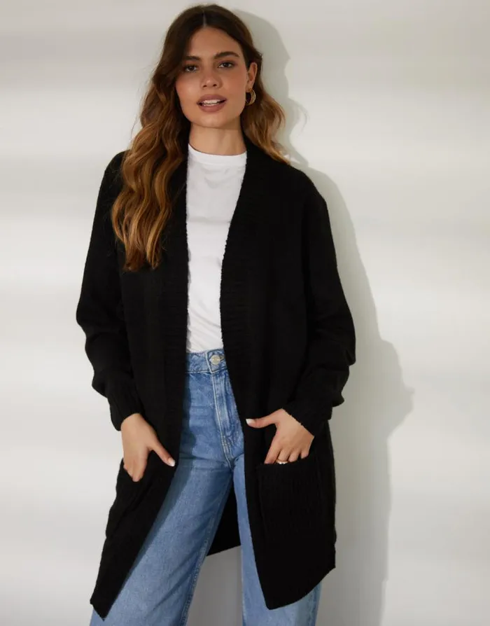 Women Black Longline Knitted Open Cardigan Threadbare Cardigans