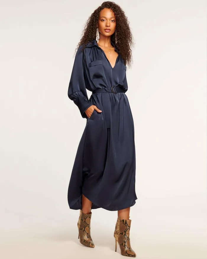 Women Cecilia Belted Midi Dress Navy Ramy Brook Dresses Women Cecilia Belted Midi Dress Navy Ramy Brook Dresses