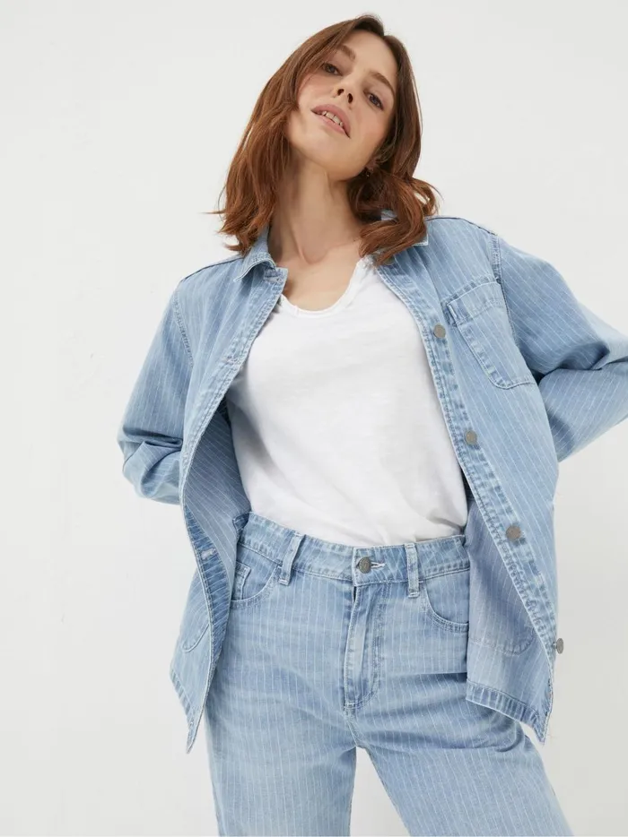 Women Coats and Jackets Fat Face Eden Blue Stripe Denim Worker Jacket