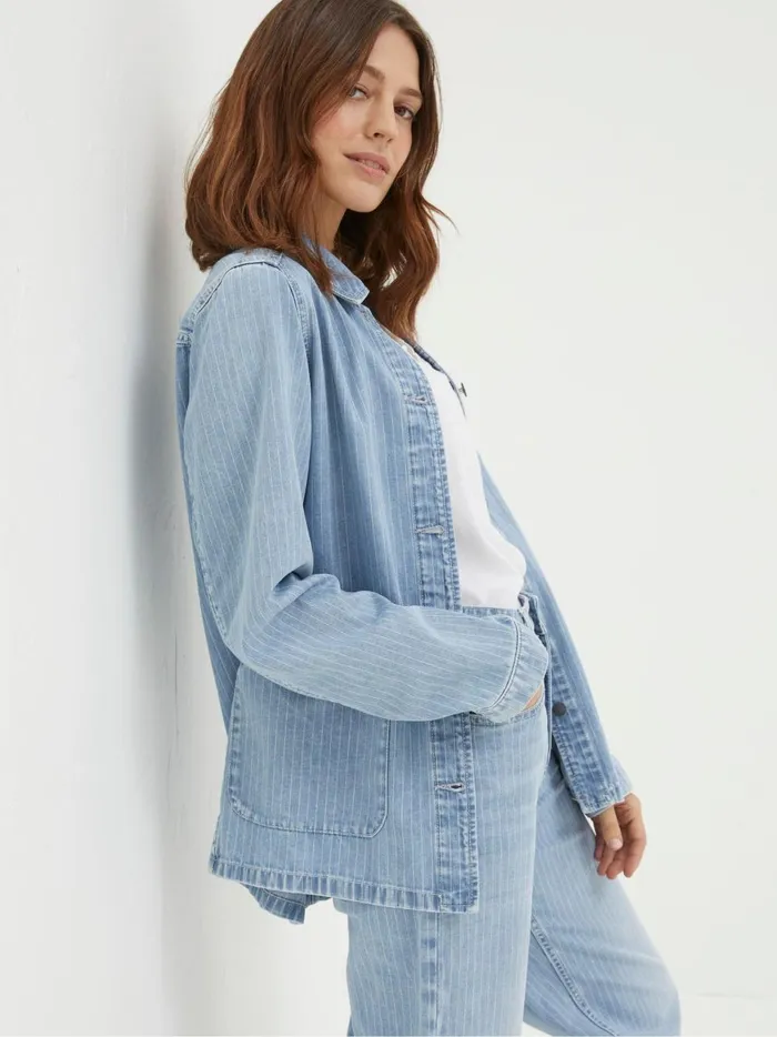 Women Coats and Jackets Fat Face Eden Blue Stripe Denim Worker Jacket