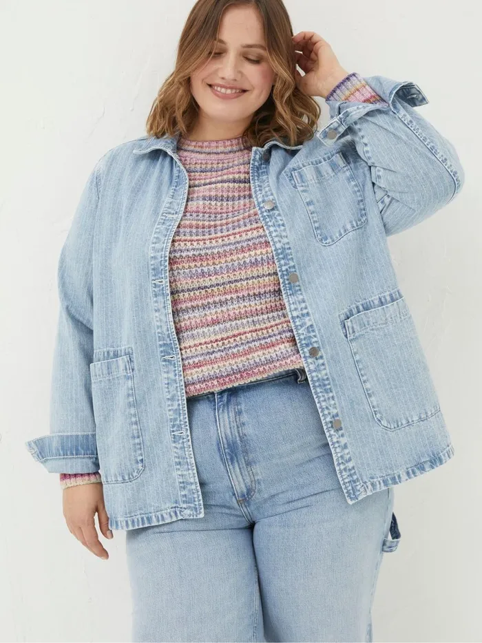 Women Coats and Jackets Fat Face Eden Blue Stripe Denim Worker Jacket