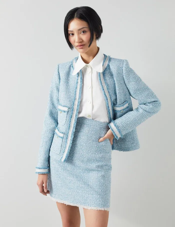 Women Coats and Jackets LKBennett Charlie Blue Tweed Trim Jacket Blue Cream